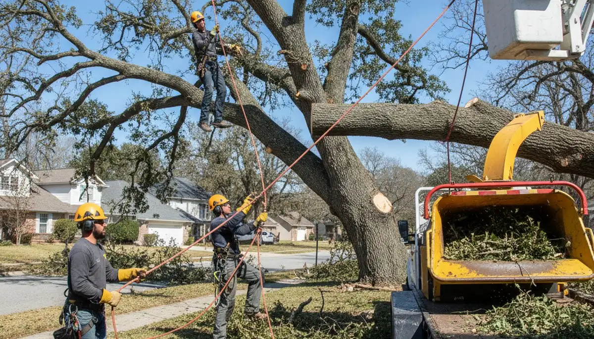 Austin, TX emergency tree service crew removing storm-damaged tree safely