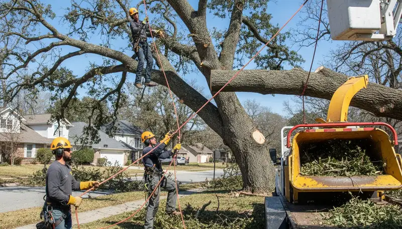 Austin, TX emergency tree service crew removing storm-damaged tree safely