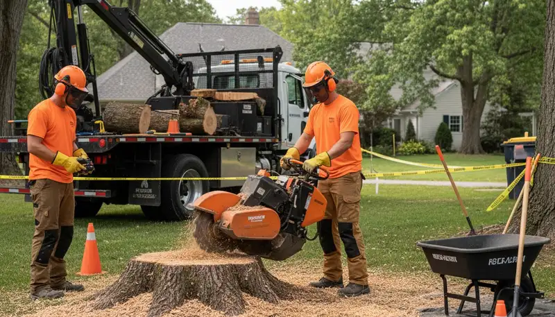 Austin stump removal service clears old tree stump in a yard, Arbor Tree Care, Austin, TX
