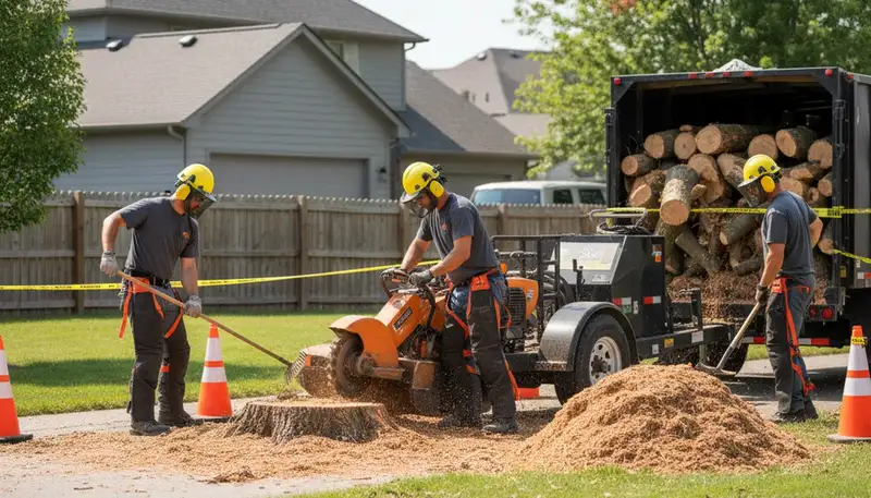 Austin tree service crew removing a stump in a yard, providing stump removal in Austin, TX