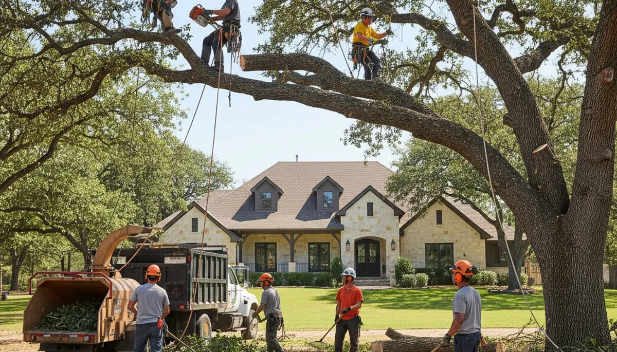 Austin TX tree service crew trimming and removing trees for residential property maintenance