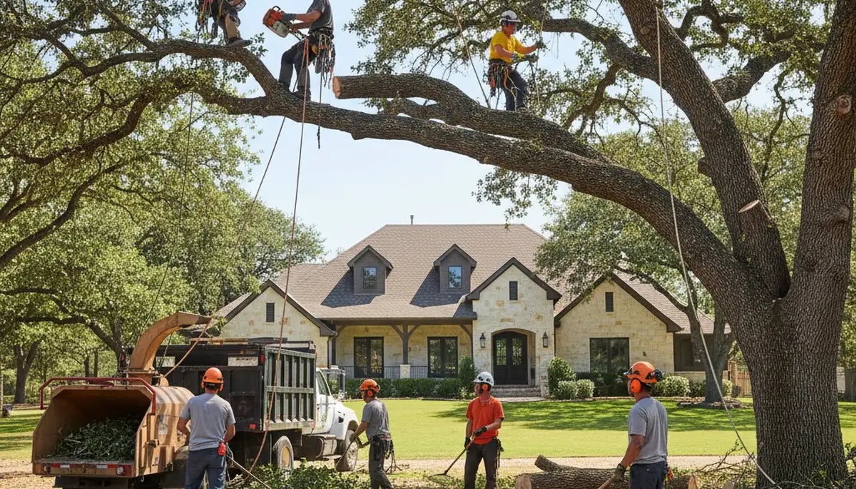 Austin TX tree service crew trimming and removing trees for residential property maintenance