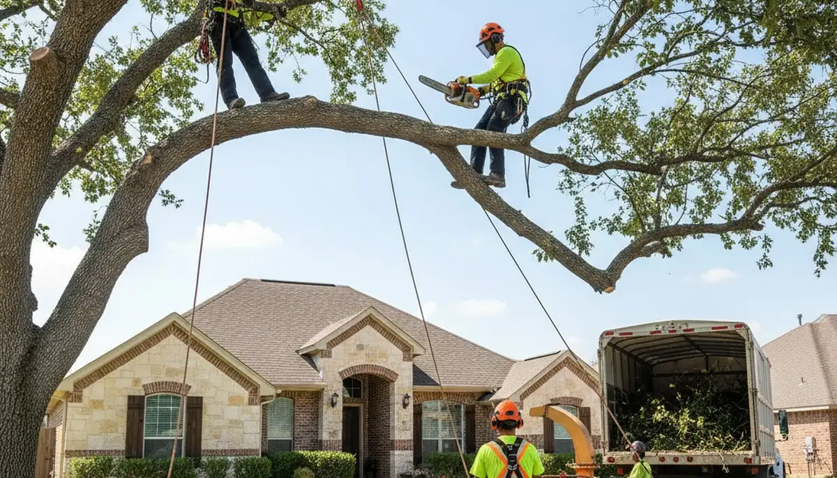 Tree service crew in Austin, TX trimming trees for residential property maintenance
